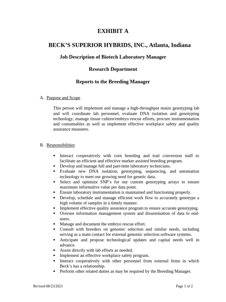 Biotech Lab Manager Job Description | PDF | Plant Breeding | Dna Sequencing