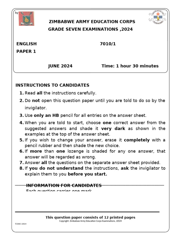 Grade 7 English Exam Instructions 2024 | PDF