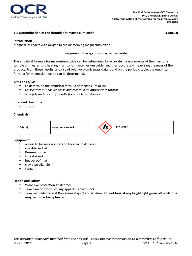 Magnesium Oxide Formula Determination | PDF | Magnesium | Oxide