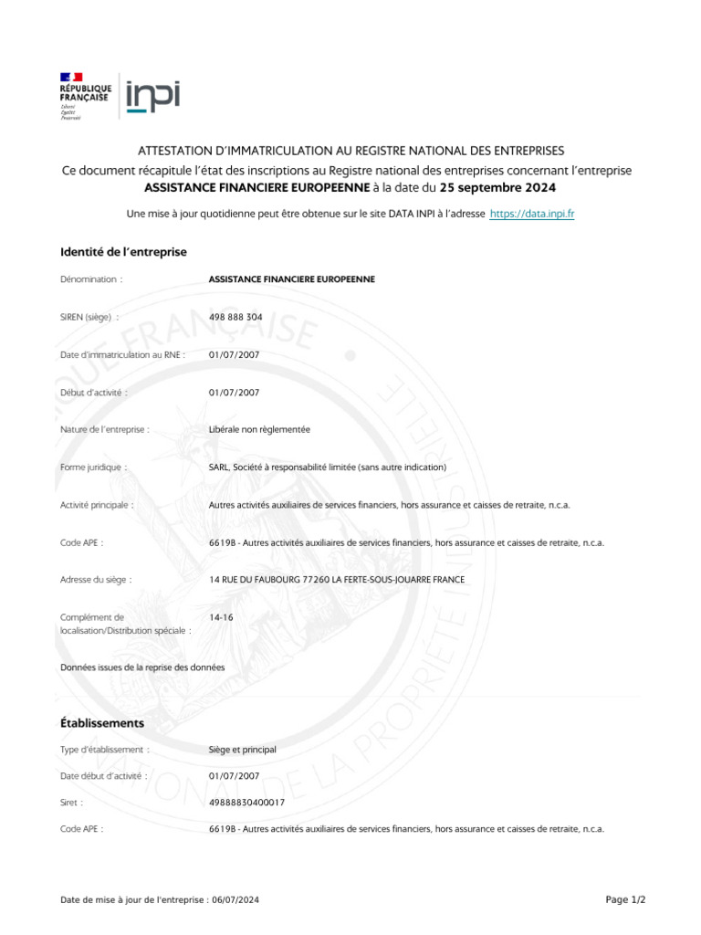 Attestation d'immatriculation RNE | PDF | Commerce | Argent