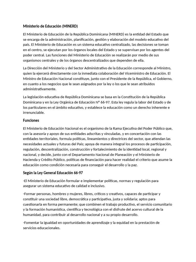 Estructura y Funciones del MINERD en RD | PDF | Ministerio ...