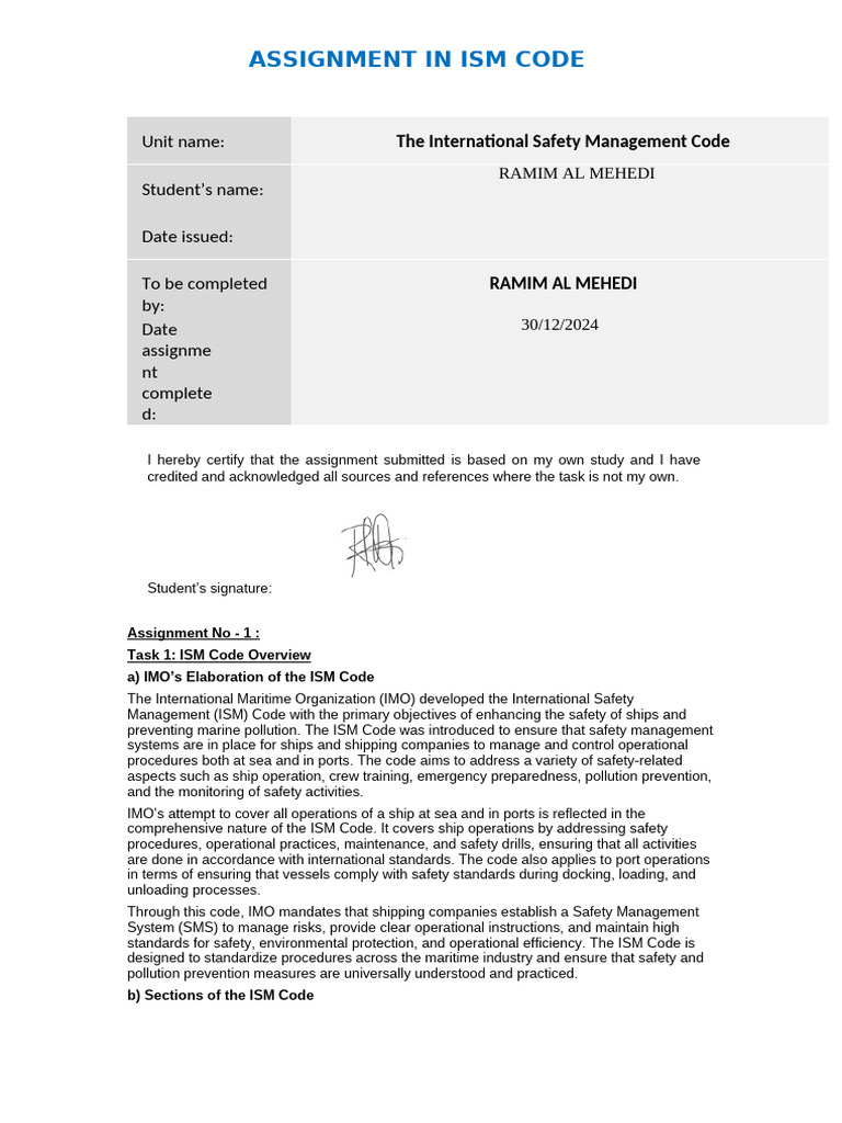 ISM Code Assignment Overview | PDF | Audit | Verification And Validation
