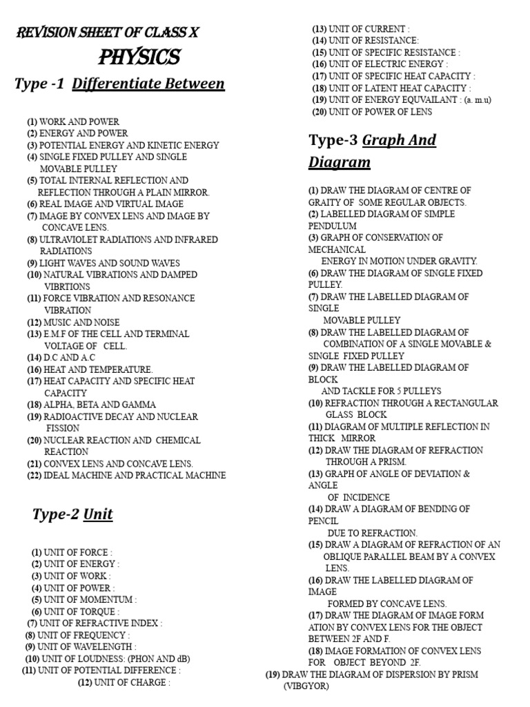Class X Physics Revision Sheet | PDF | Oscillation | Refraction