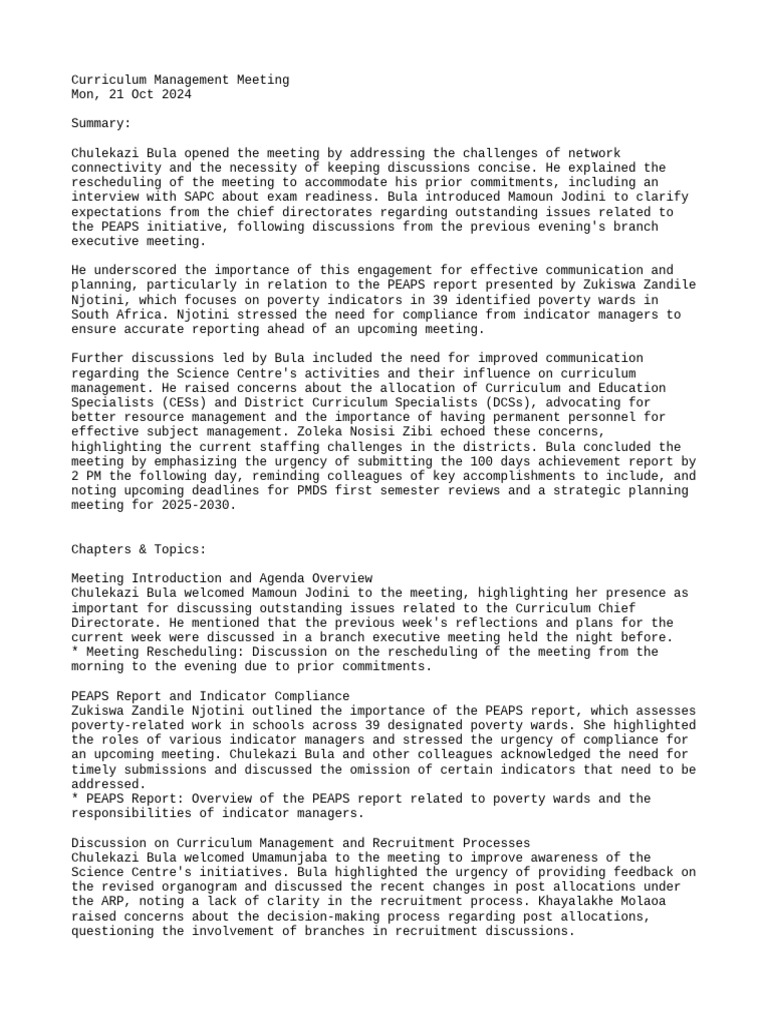Curriculum Management Meeting Summary | PDF