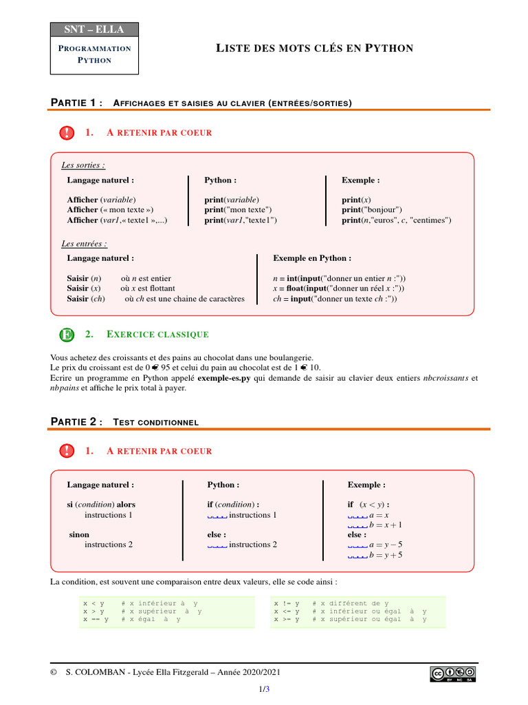 Mots Clés en Programmation Python | PDF | Python (Langage de ...
