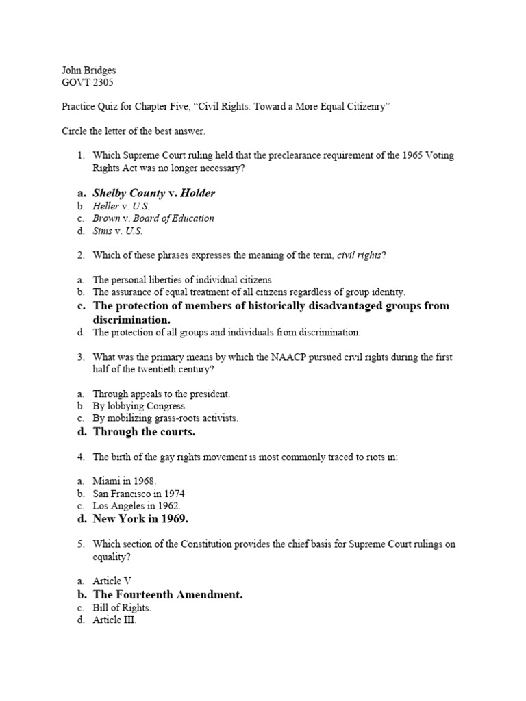 Civil Rights Practice Quiz for GOVT 2305 | PDF | Law Of The United ...