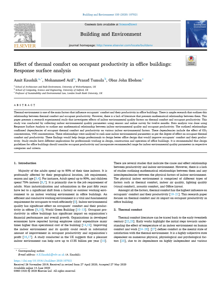 Effect of Thermal Comfort On Occupant Productivity in Office Buildings ...