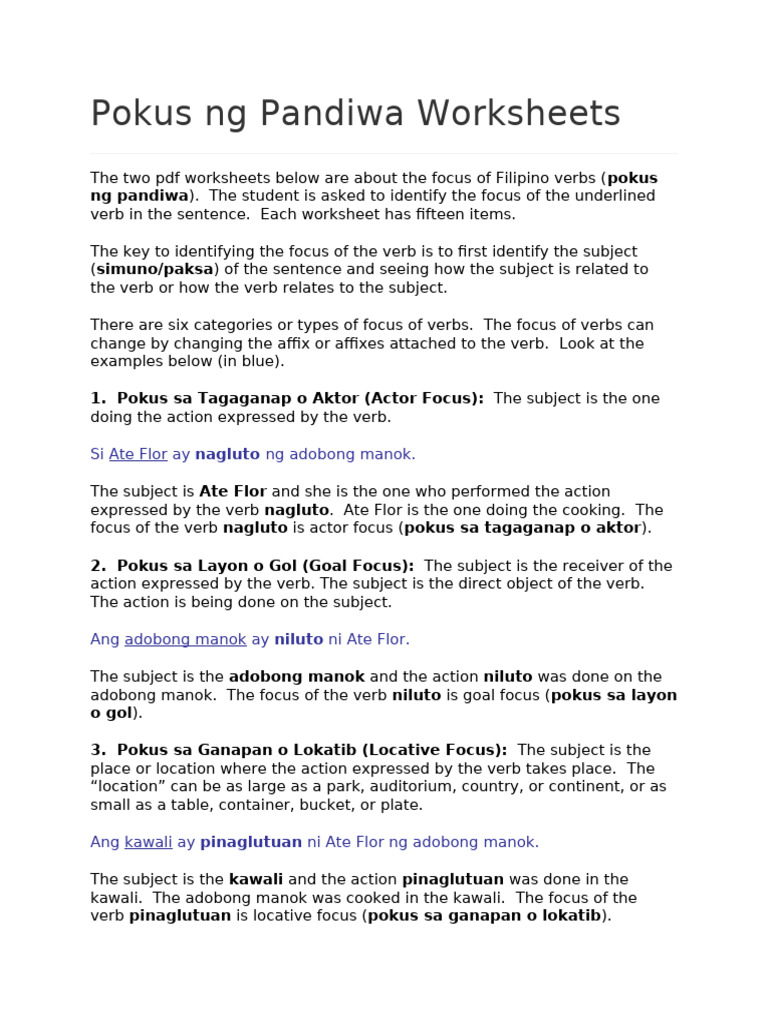 Pokus ng Pandiwa Worksheets 2 PDF Subject (Grammar) Verb