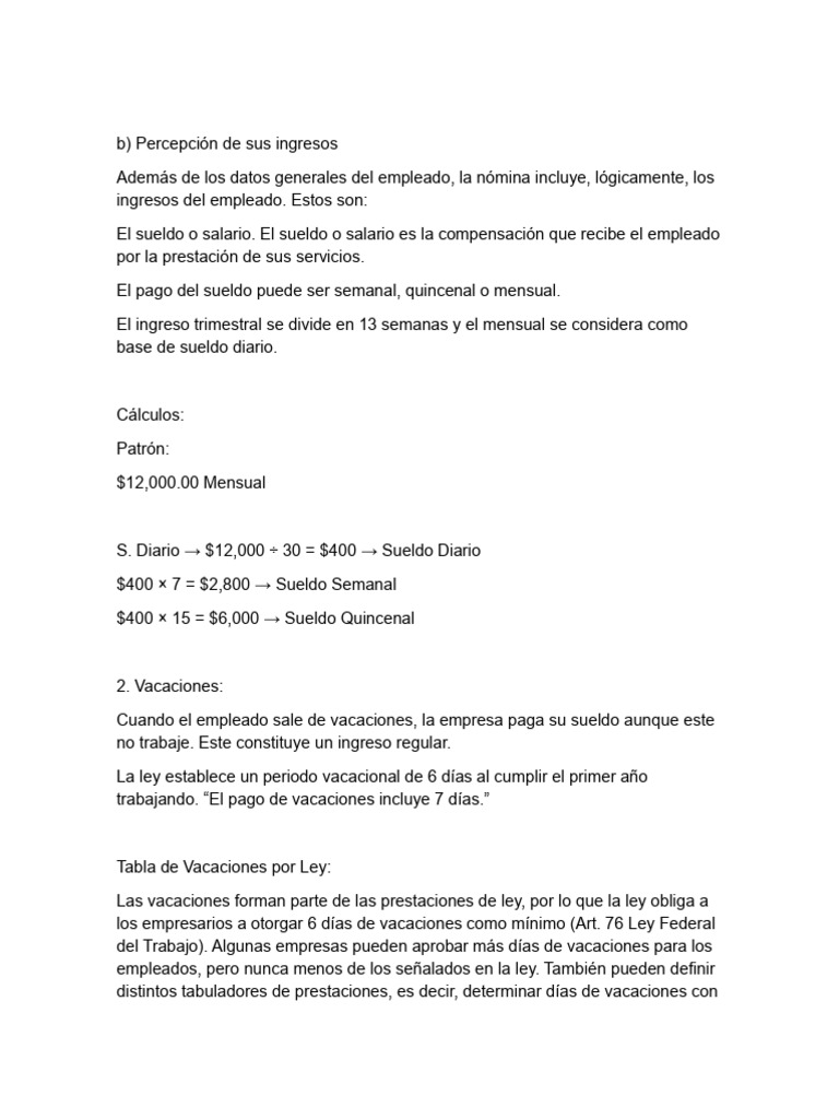 Cálculo de Sueldo y Vacaciones en México | PDF | Salario | Tiempo ...