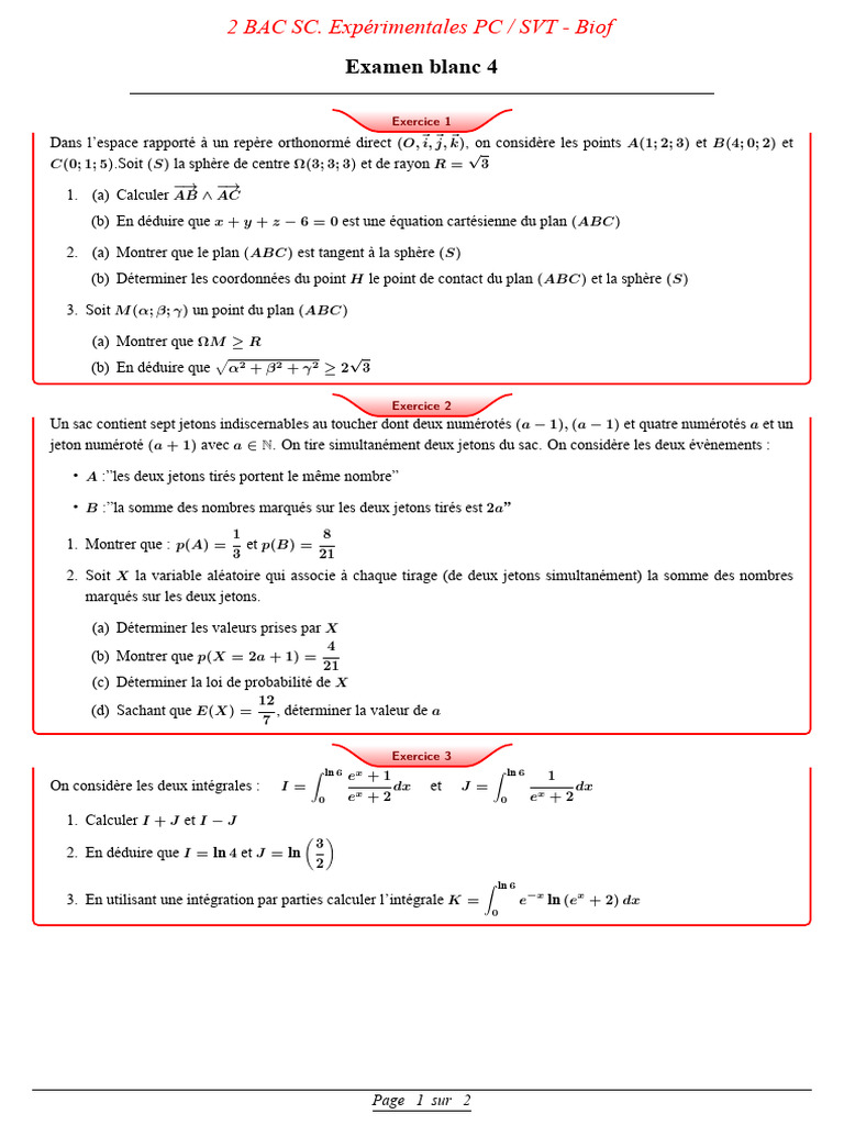 Examen blanc 2 BAC SC : Mathématiques et SVT | PDF | Coordonnées ...