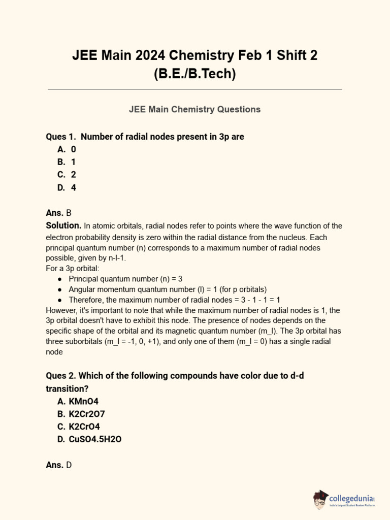 JEE Main 2024 Chemistry Solution Feb 1 Shift 2 | PDF | Atomic Orbital ...