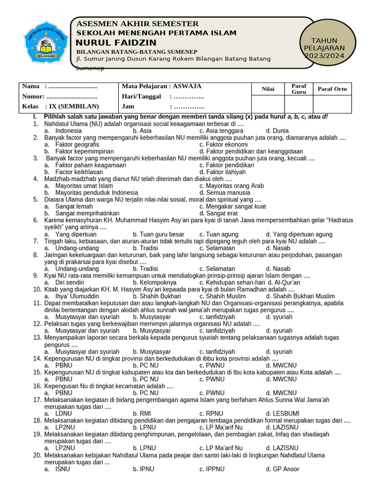 Soal Ujian Akhir Smp Aswaja Dan Pkn Pdf