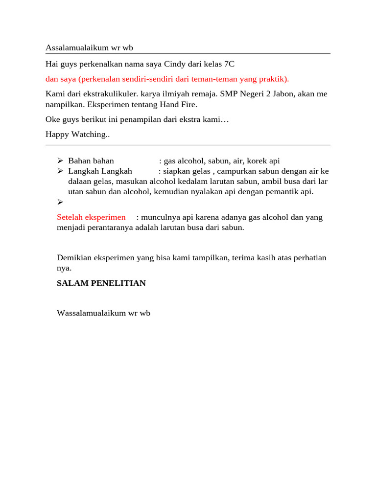 Eksperimen Hand Fire oleh 7C SMP Jabon | PDF