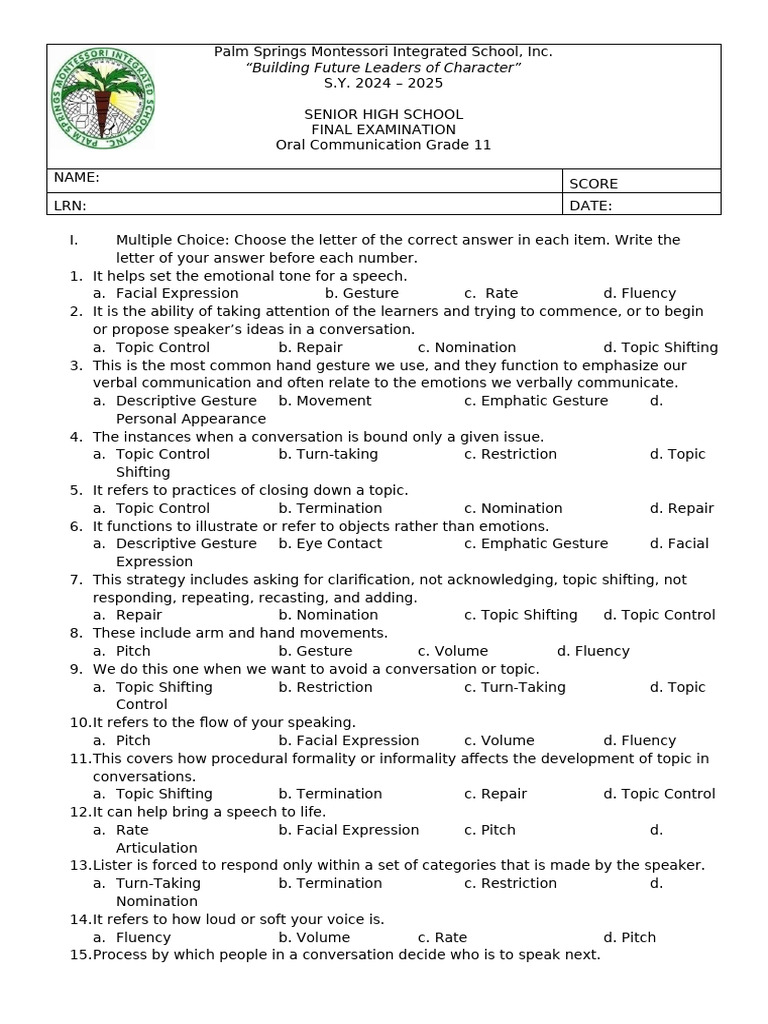 Grade 11 Oral Communication Exam | PDF | Gesture | Communication