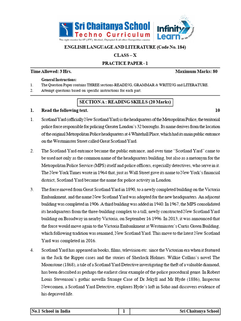 Class X English Practice Paper 1 | PDF