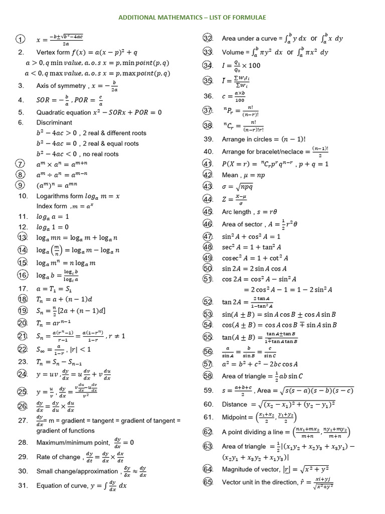 Essential Additional Mathematics Formulas | PDF | Area | Elementary ...