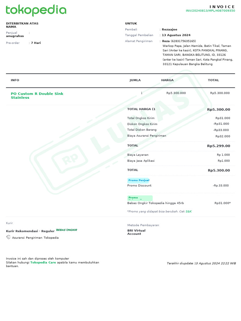 Invoice Pembelian Pre-order Tokopedia | PDF