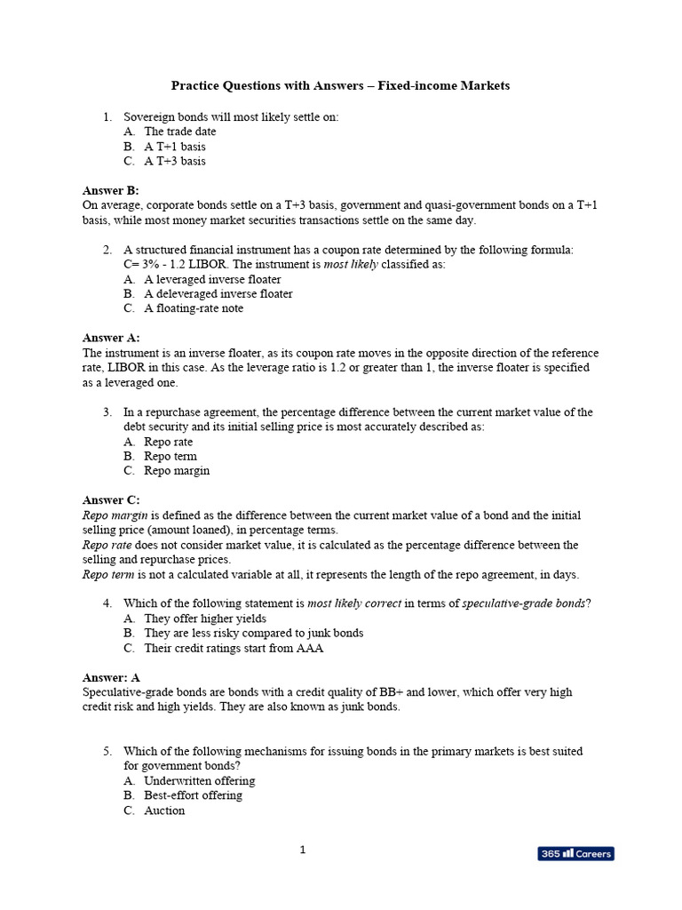Practice Questions With Answers Fixed Income Markets Pdf Bonds