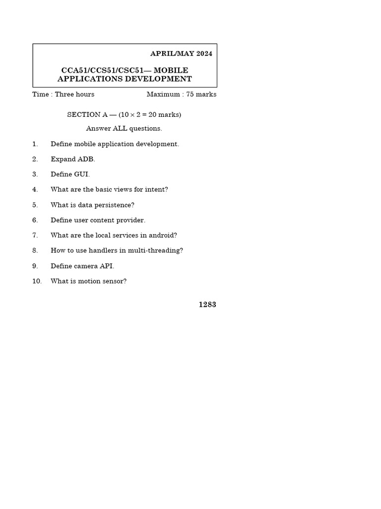 Mobile App Development Exam Paper 2024 | PDF