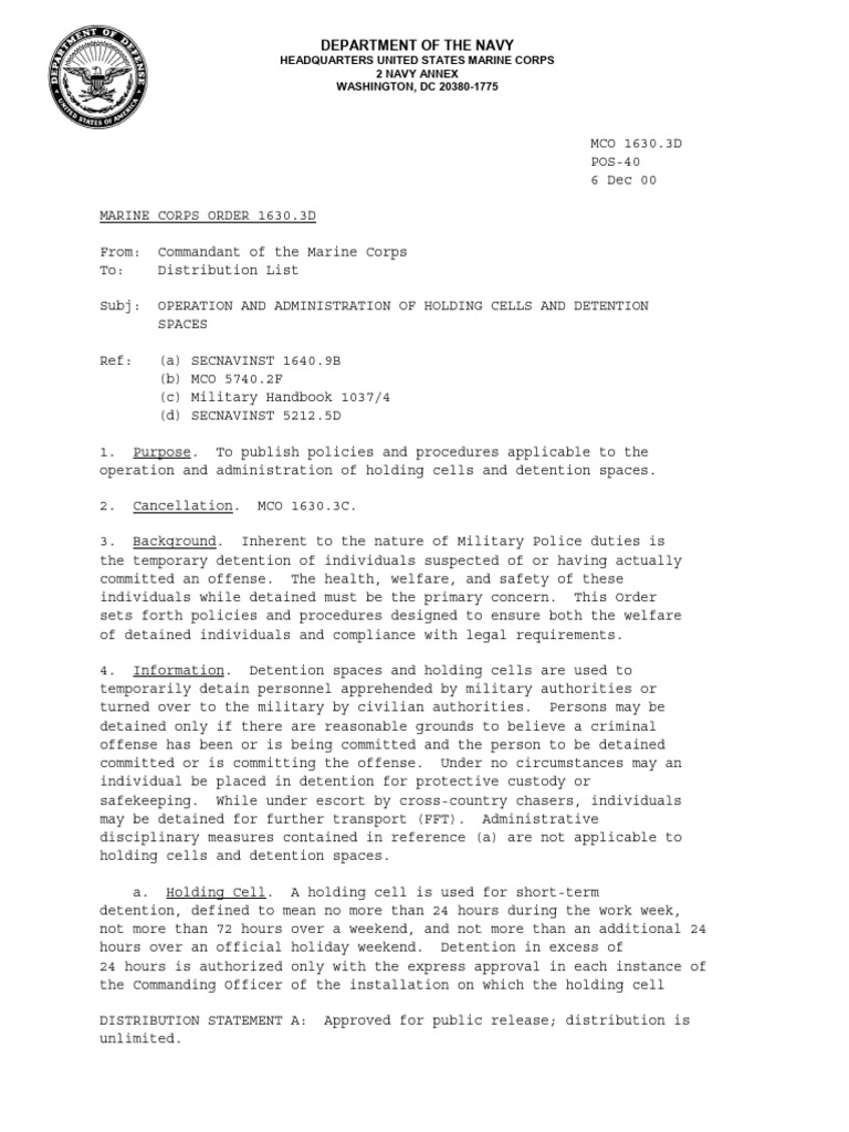 Marine Corps Holding Cell Guidelines | PDF | Detention (Imprisonment ...