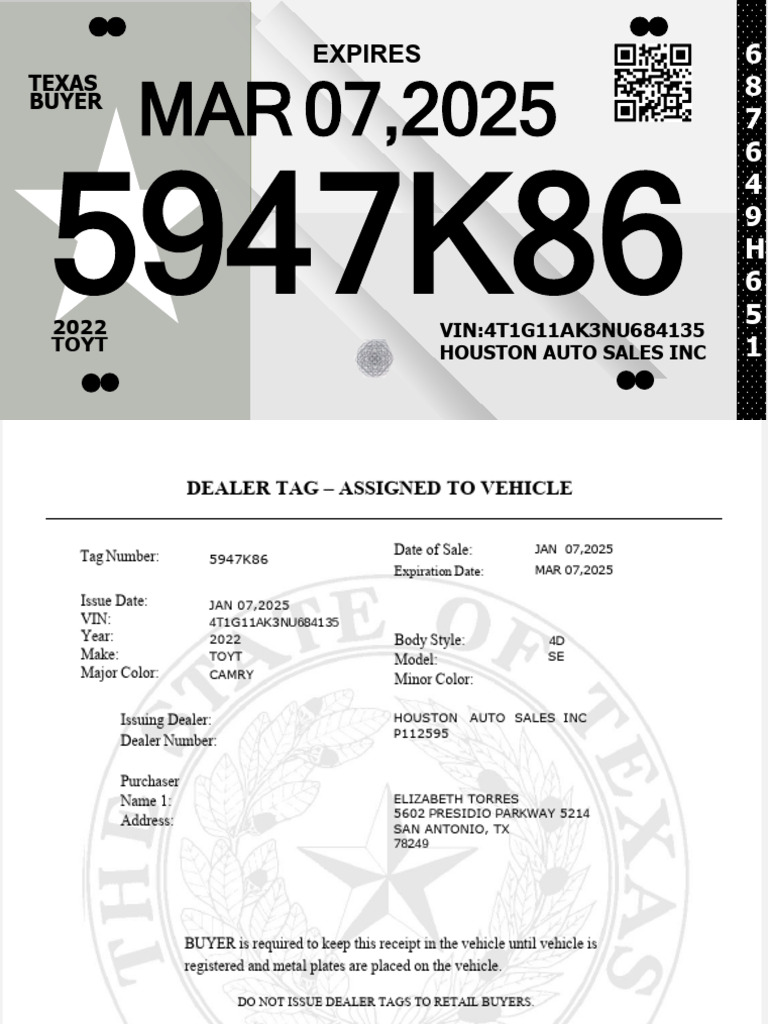 Texas Dealer Tag Receipt for 2022 Toyota Camry | PDF
