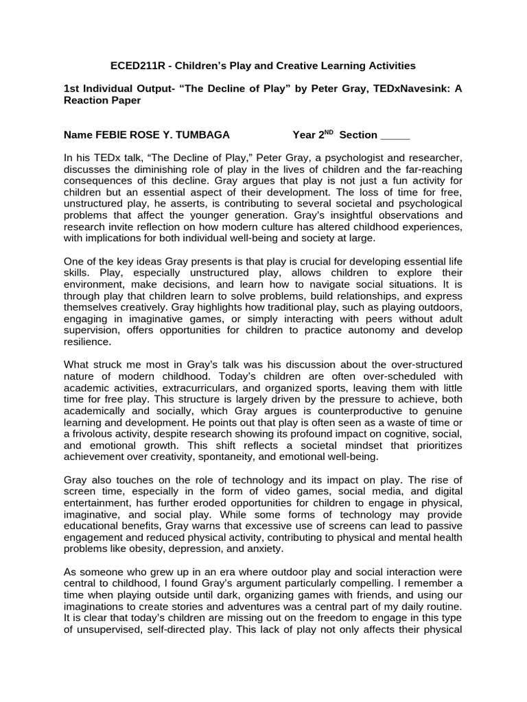 1st Individual Output - The Decline of Play (Reaction Paper) | PDF ...