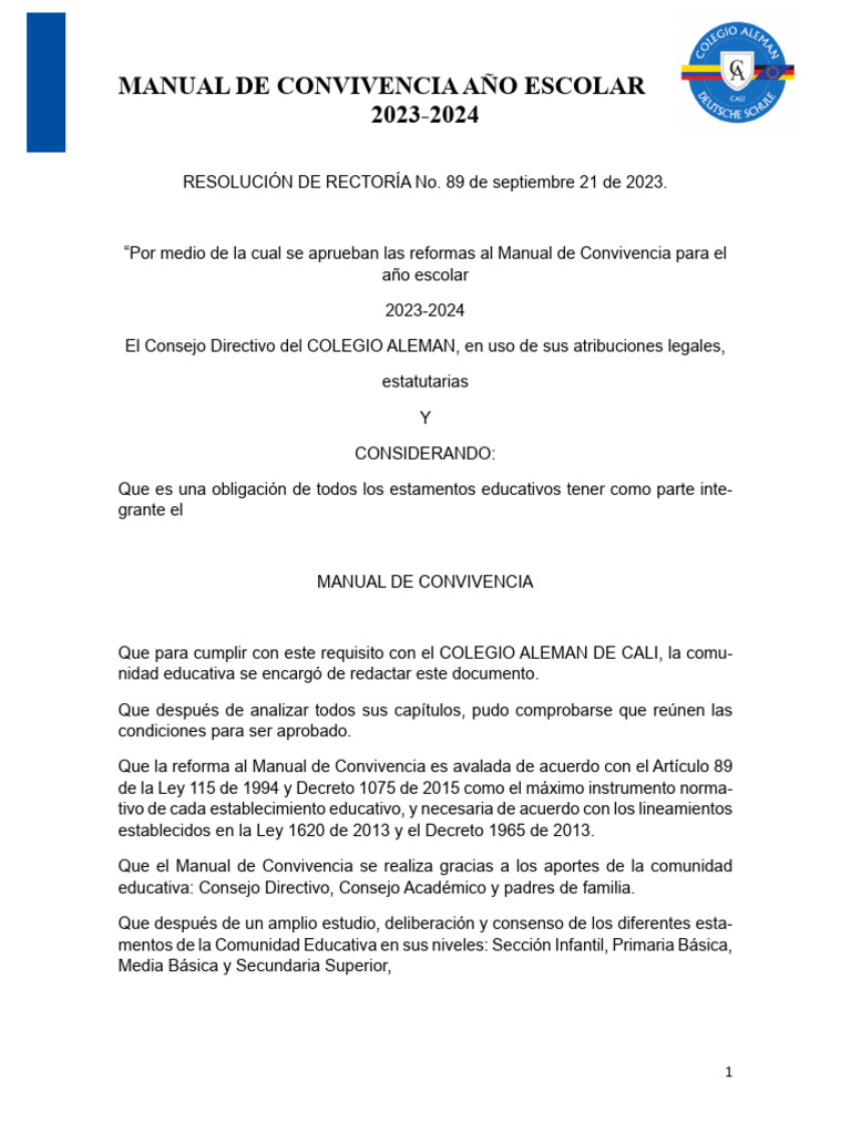 Manual de Convivencia 2023 2024 Final | PDF | Educación de la primera ...