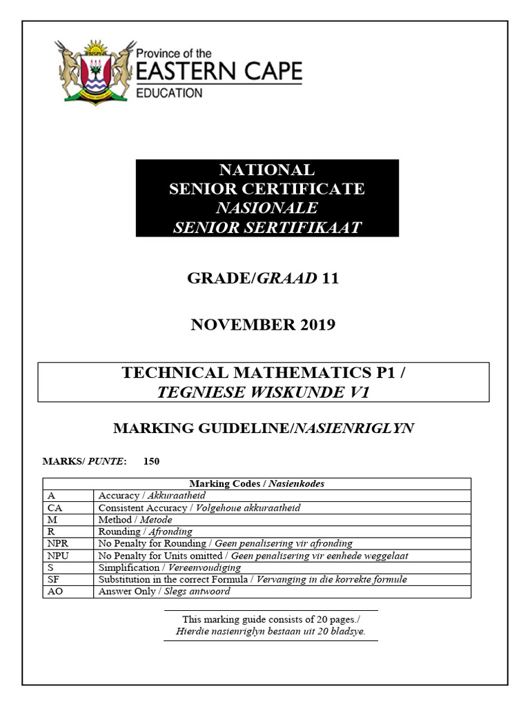 TECH. MATHS PI GR11 MEMO NOV2019 - Engl&Afr. | PDF | Elementary ...