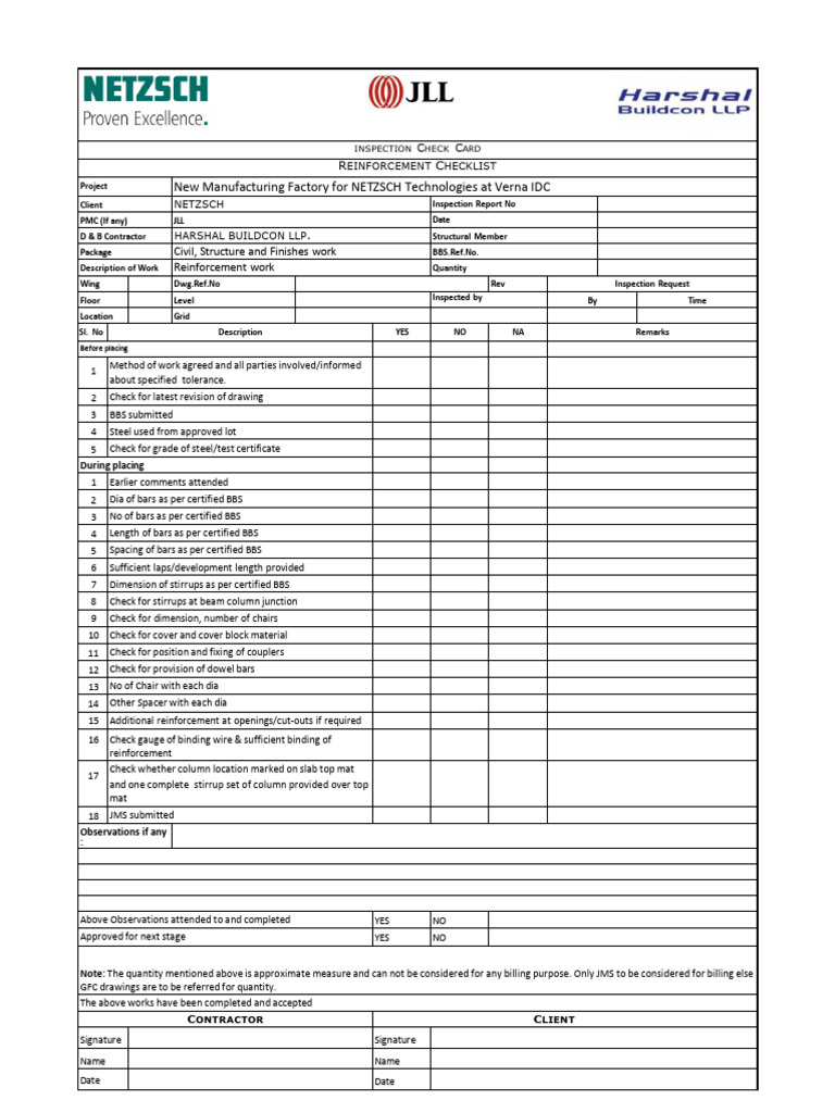 Concrete Reinforcement Inspection Checklist | PDF | Structural ...