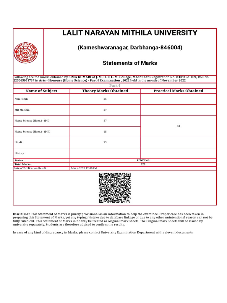 Sima Kumari's 2022 Part-I Marks Report | PDF