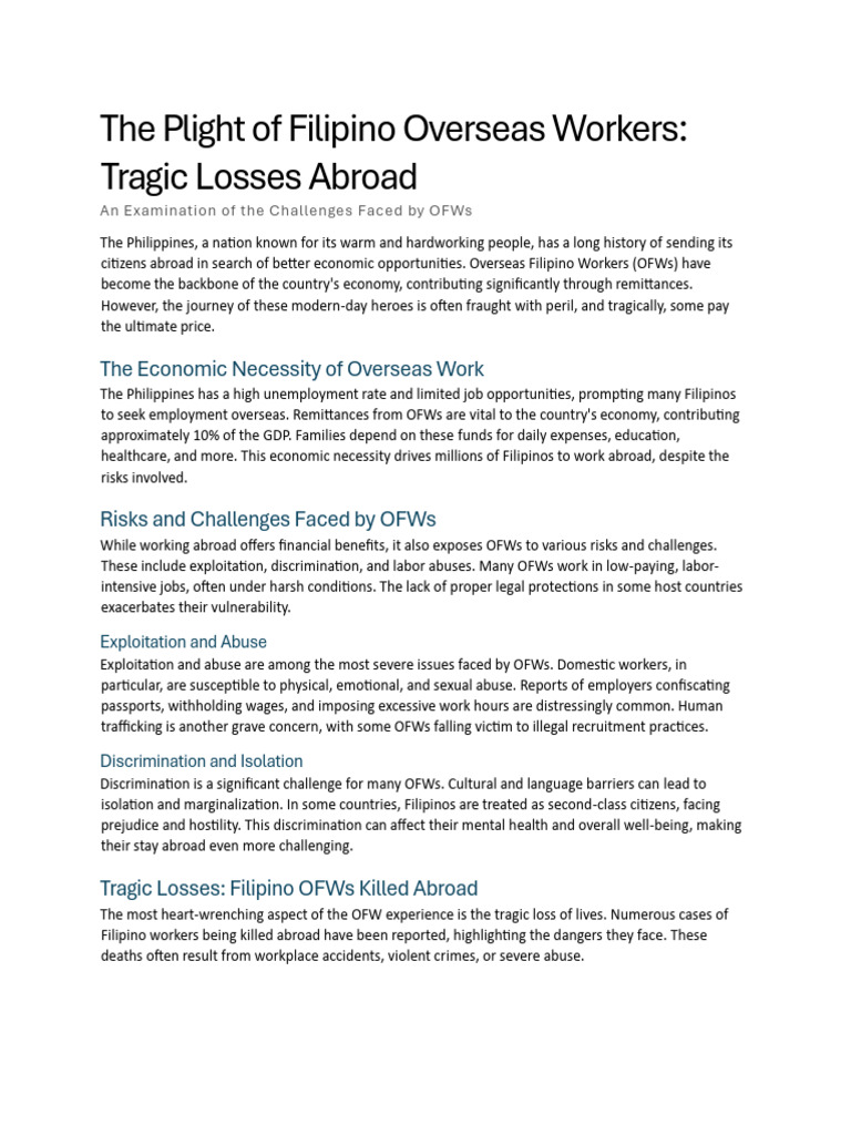 The Plight of Filipino Overseas Workers Tragic Losses Abroad | PDF ...
