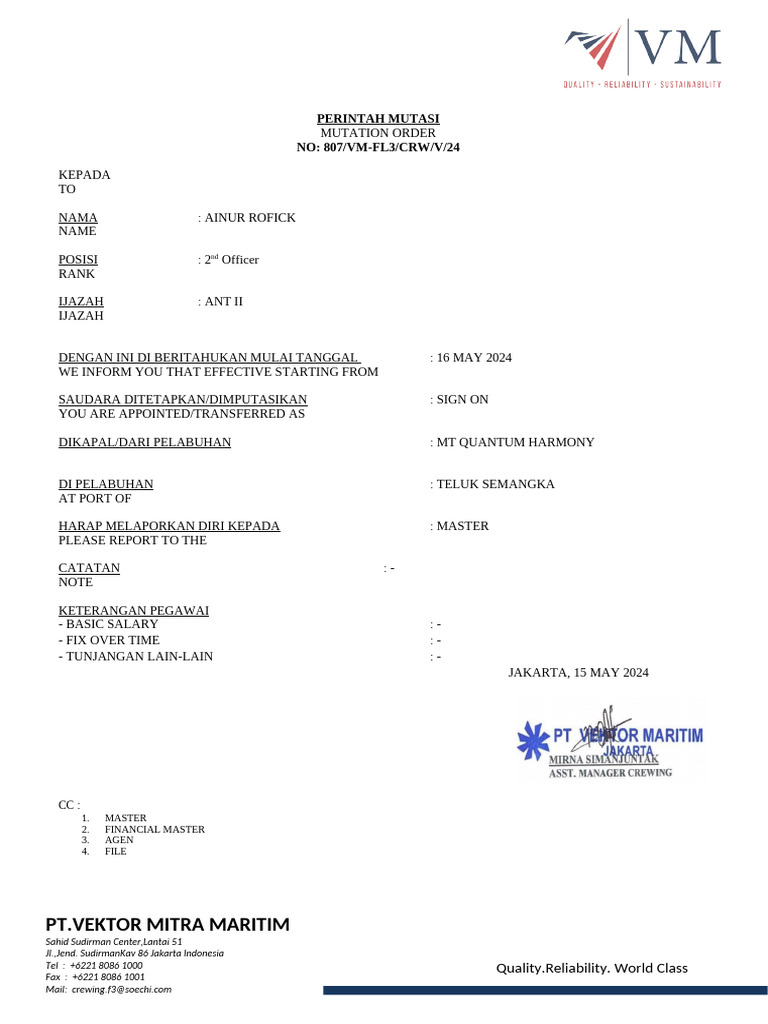 Mutation Order for 2nd Officer Ainur Rofick | PDF