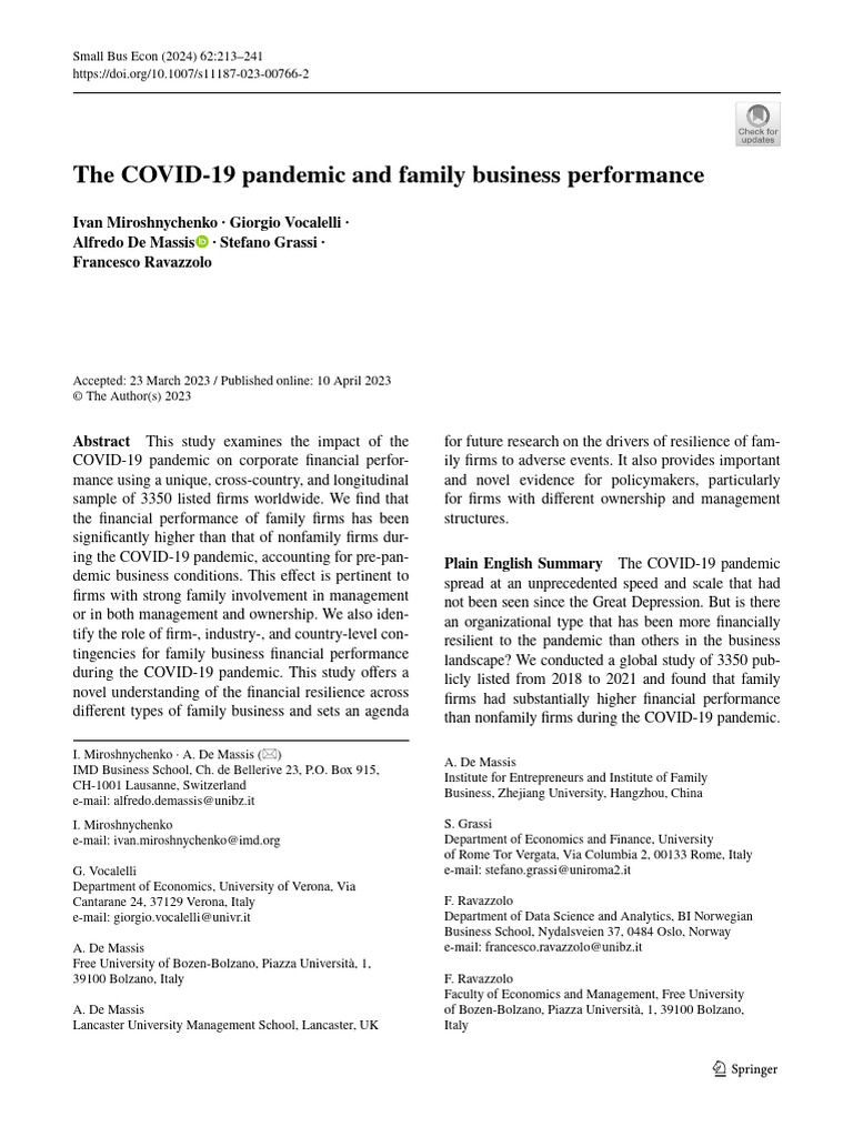 The COVID 19 Pandemic and Family Business Performance | PDF | P Value ...