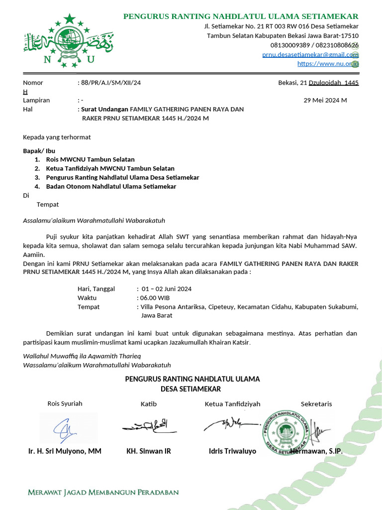 Surat Undangan FAMILY GATHERING PANEN RAYA DAN RAKER PRNU SETIAMEKAR ...