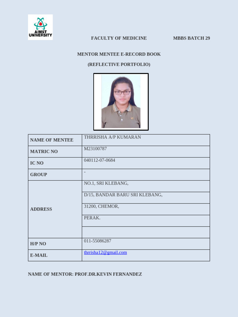 Mentor Mentee-E-Record Book-Reflective Portfolio - MIHS | PDF | Medical ...
