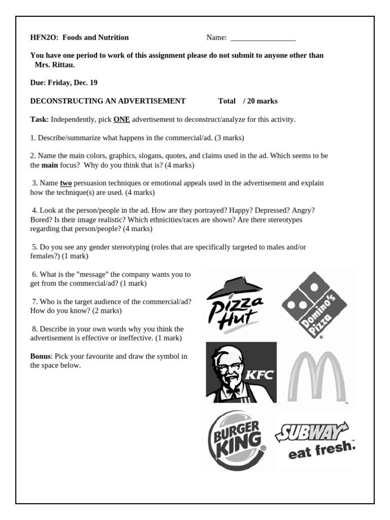 Analyze Food Advertisements Assignment | PDF