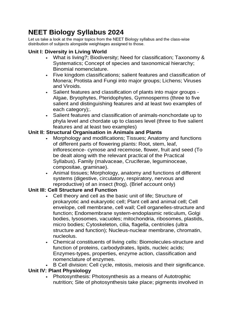 NEET 2024 Biology Syllabus Overview | PDF | Electromagnetic Radiation ...