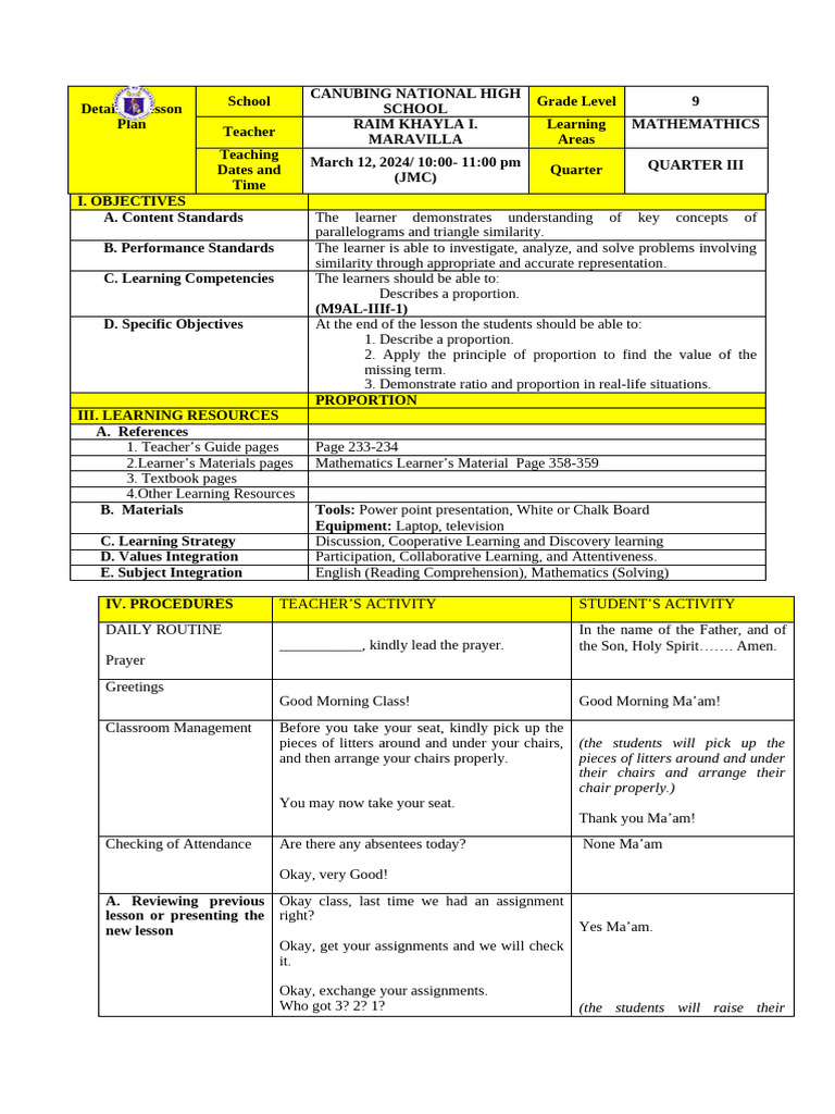 Grade 9 Mathematics Lesson Plan: Proportions | PDF | Ratio | Learning