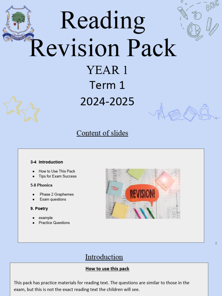 Year 1 Reading Revision Pack 2024-2025 | PDF | Phonics | Psycholinguistics