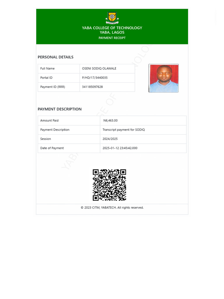 YABATECH Transcript Payment Receipt | PDF