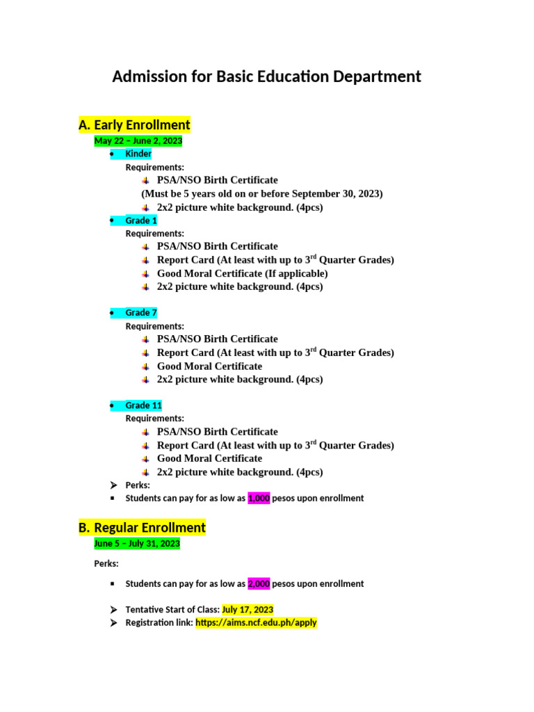 Grade 1 Admission Requirements 2023 | PDF