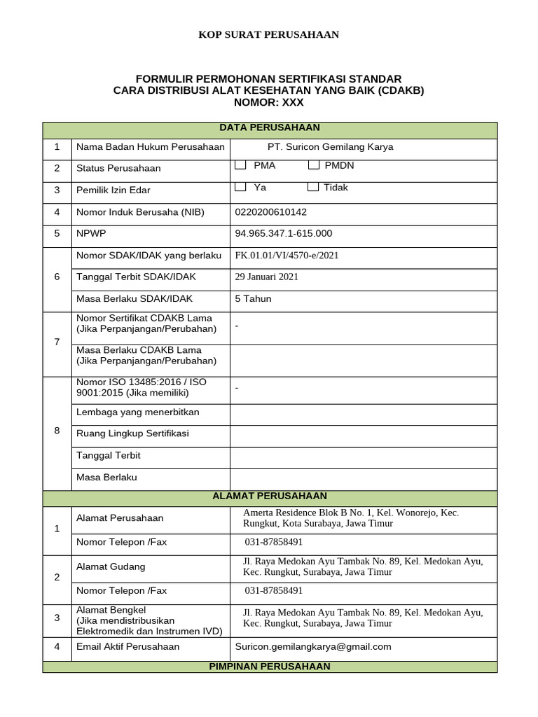 Formulir Sertifikasi Alat Kesehatan | PDF