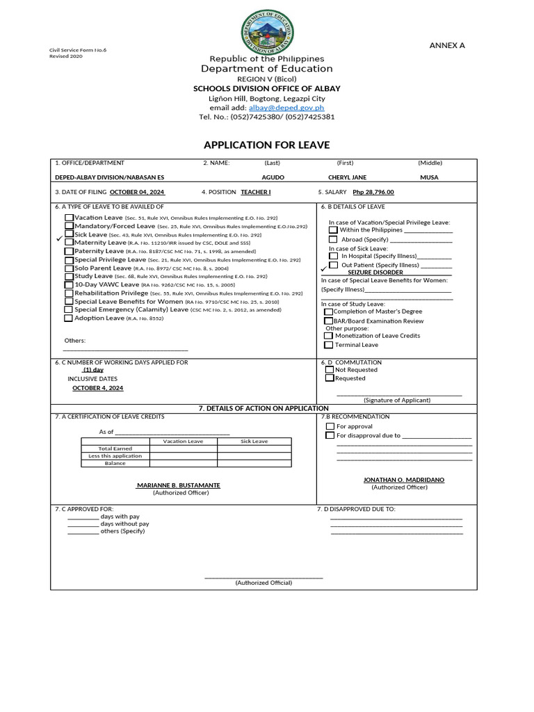 Leave Application Form for DepEd Albay | PDF