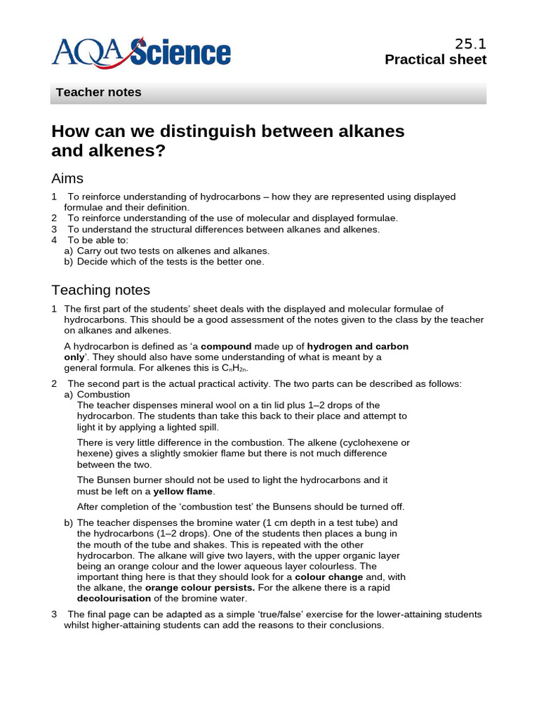 Distinguishing Alkanes and Alkenes Lab | PDF | Alkene | Alkane