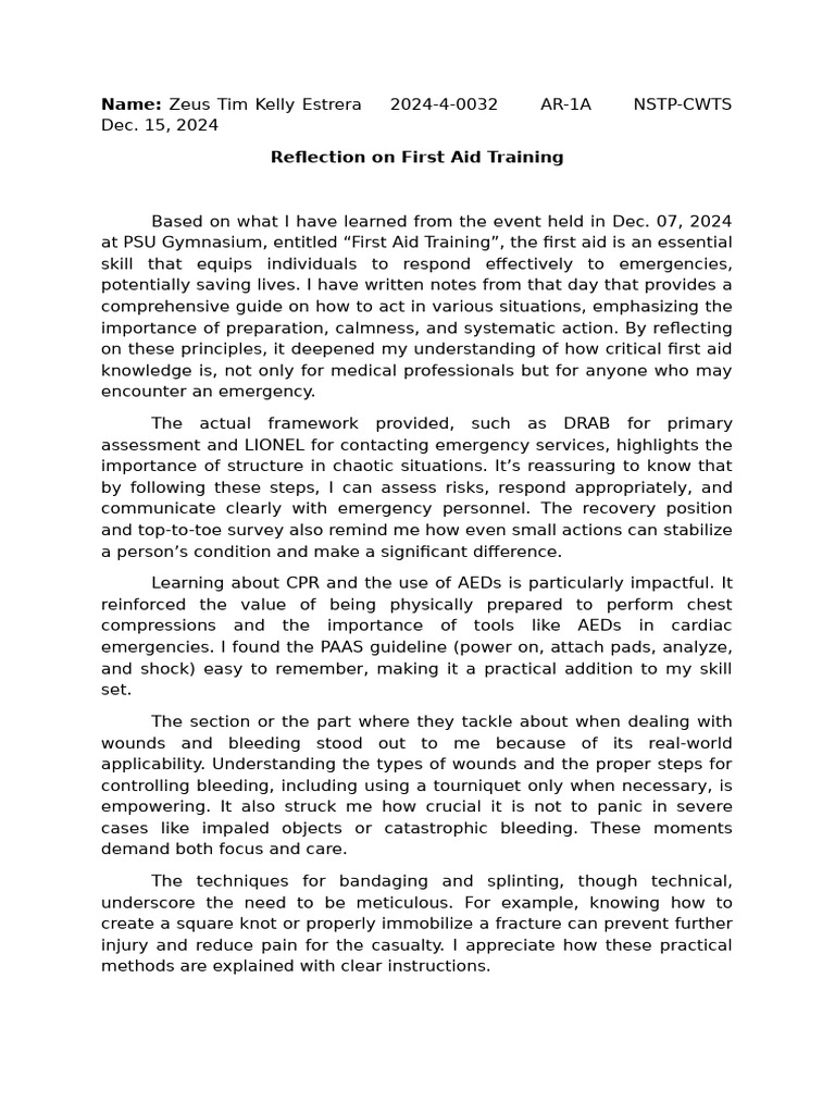 First Aid Training Reflection Insights | PDF | First Aid