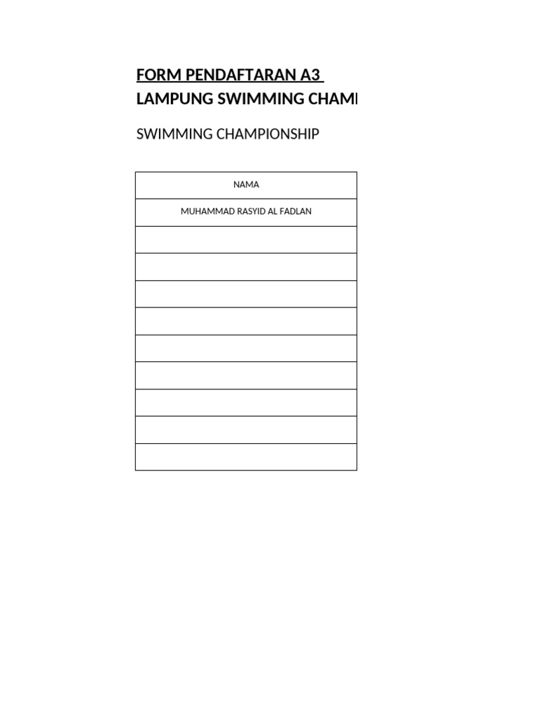 Formulir Pendaftaran Kejuaraan Renang Lampung 2022 | PDF
