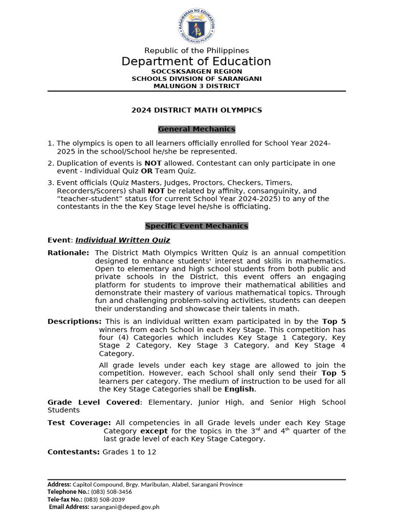 2024 District Math Olympics Guidelines | PDF