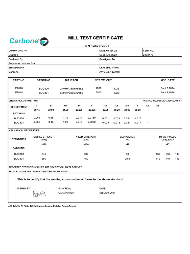 EN 13479 Mill Test Certificate for E7018 | PDF | Building Engineering ...