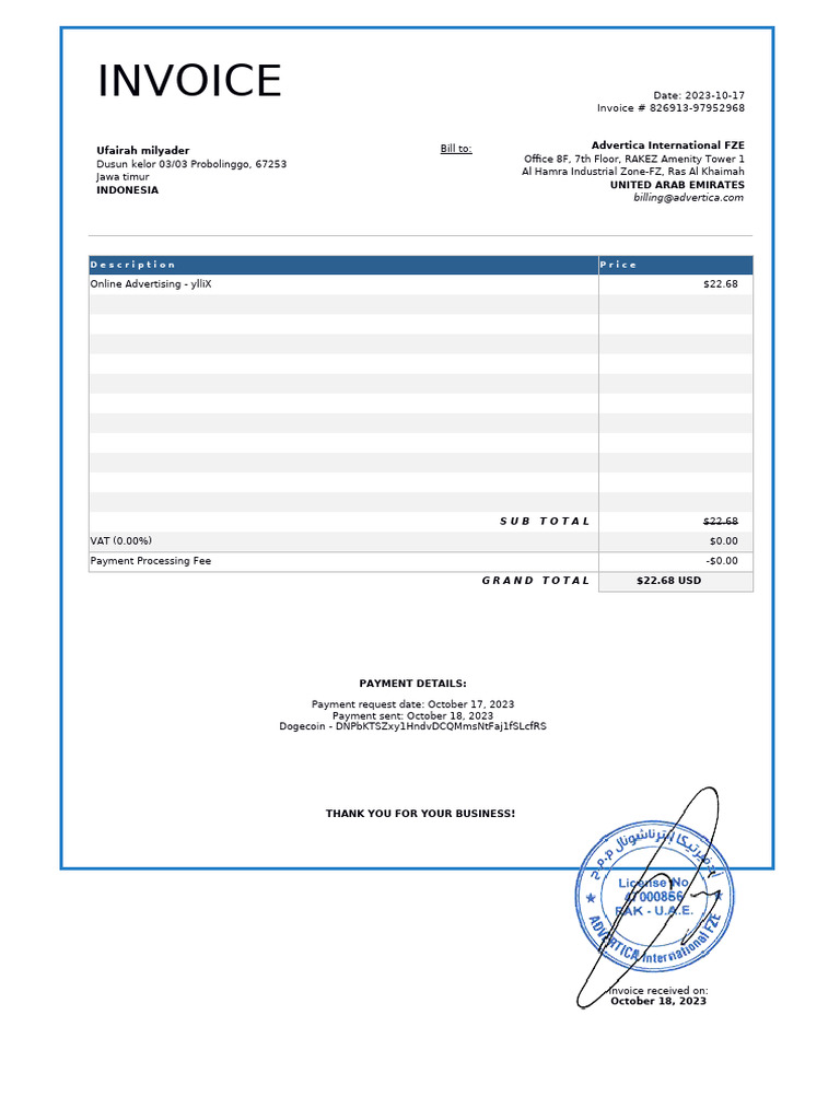 Invoice #826913 for Advertica App | PDF