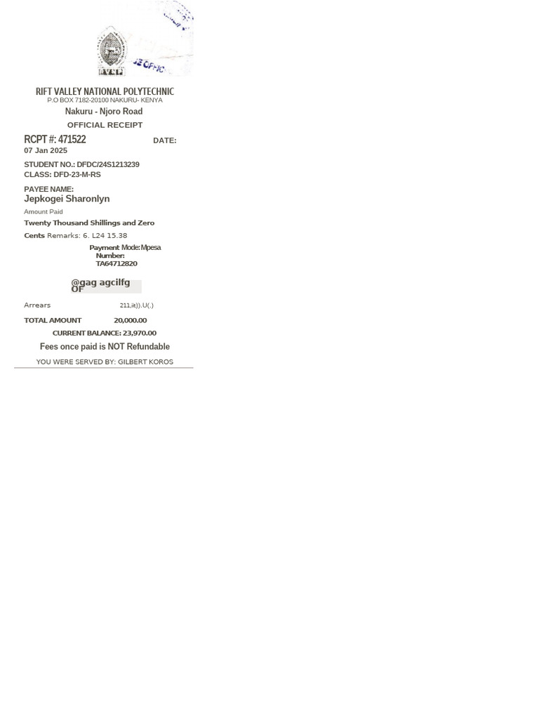 RIFT VALLEY POLYTECHNIC Payment Receipt | PDF